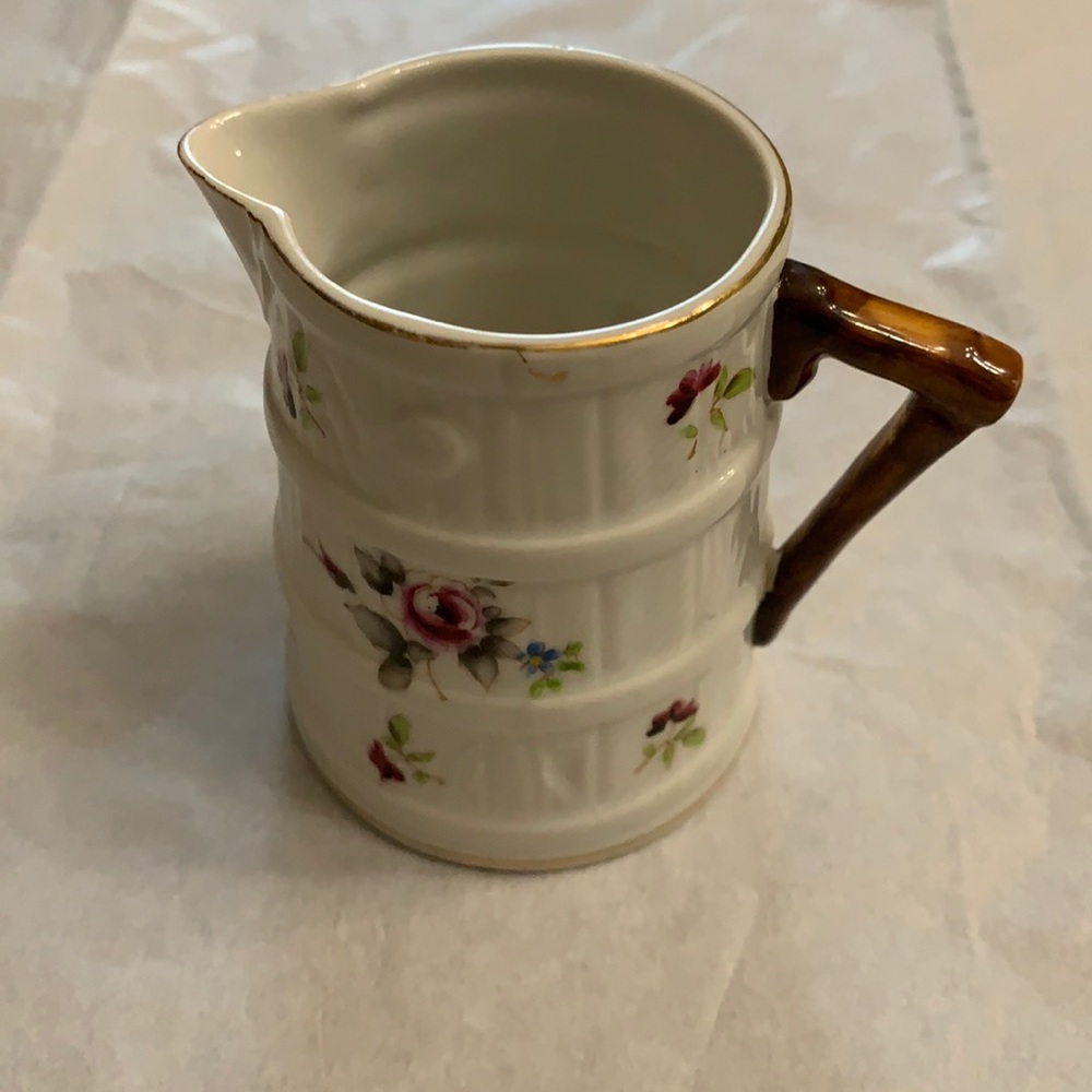 Bone China with faux bois handle with floral barrel creamer pitcher